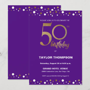 Invitation Confetti en or violet personnalisé 50e anniversair