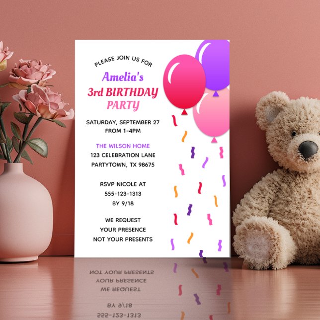 Invitation Confetti et ballons roses et violets (Créateur téléchargé)