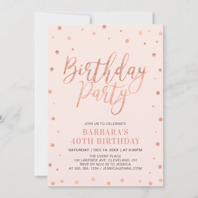 Invitation Confetti et Blush en or rose | Fête d'anniversaire (Devant)