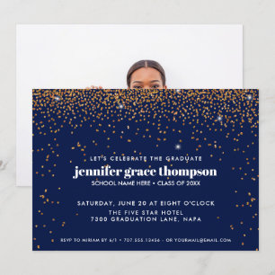 Invitation Confetti Gold et Blue Photo Graduation Party