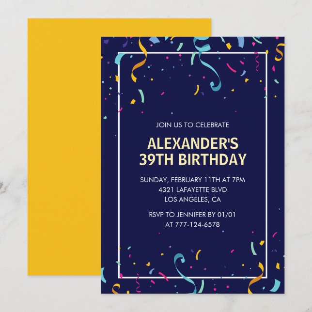 Invitation Confetti Hommes Simple Moderne 39e anniversaire (Devant / Derrière)