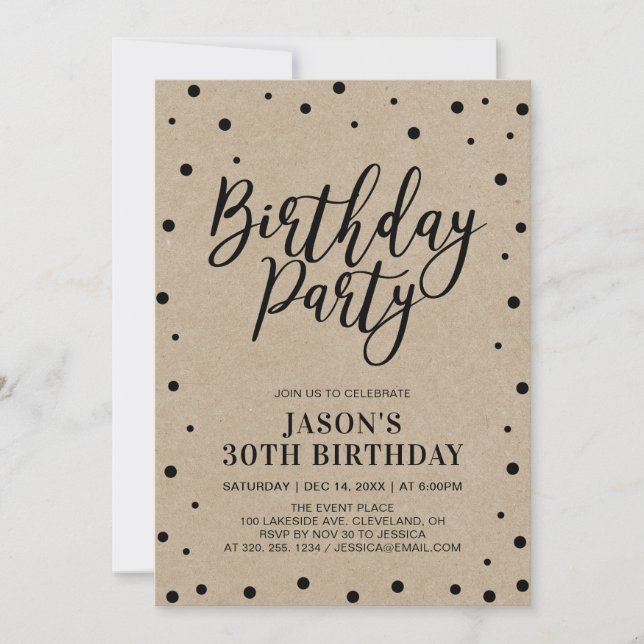 Invitation Confetti & Kraft | Fête d'anniversaire adulte mode (Devant)