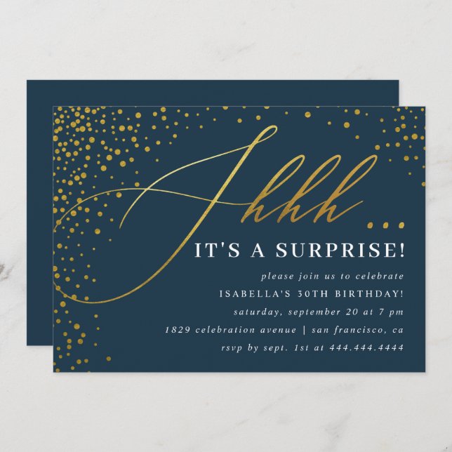 Invitation Confetti Marine & Gold Script Surprise Party (Devant / Derrière)