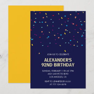 Invitation Confetti moderne bleu marine Hommes 92e anniversai