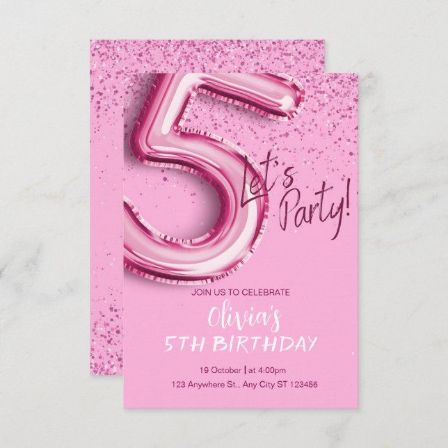 Invitation Confetti moderne rose 5e anniversaire (Devant / Derrière)