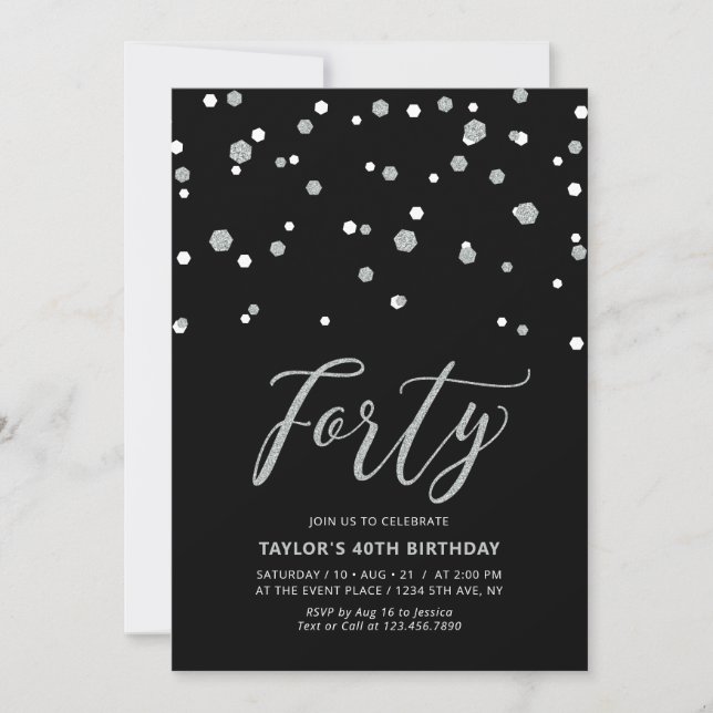 Invitation Confetti Noir & Argent Quarante fête d'anniversair (Devant)