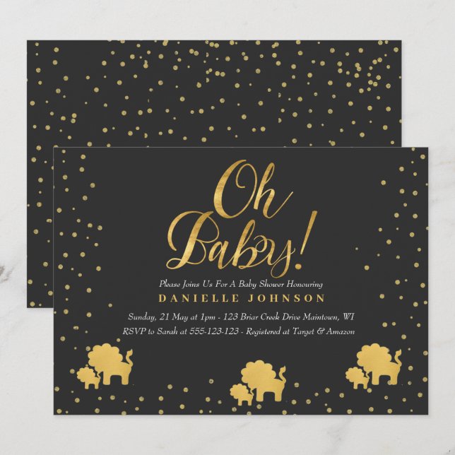 Invitation Confetti noir et or, Baby shower des lions d'or (Devant / Derrière)