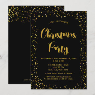 Invitation Confetti noir et or Fête de Noël moderne