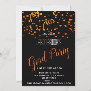 Invitation Confetti Or Et Orange Sur Graduation Noire