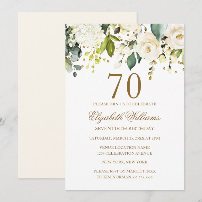 Invitation Confetti or floral blanc 70e anniversaire (Devant / Derrière)