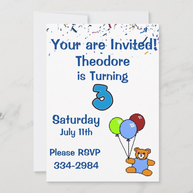 Invitation Confetti, Ours en peluche, Ballons Boys 3e anniver (Devant)