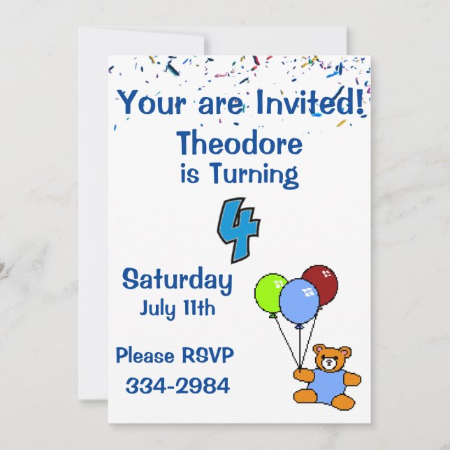Invitation Confetti, Ours en peluche, Ballons Boys 4e anniver (Devant)