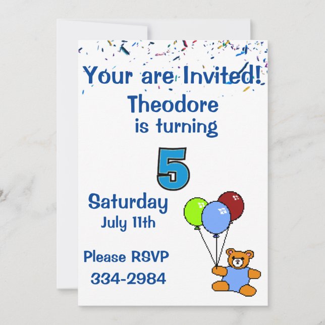 Invitation Confetti, Ours en peluche, Ballons Boys 5e anniver (Devant)