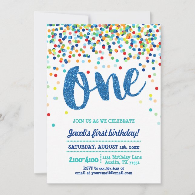 Invitation Confetti Parties scintillant Bleue Première Invita (Devant)