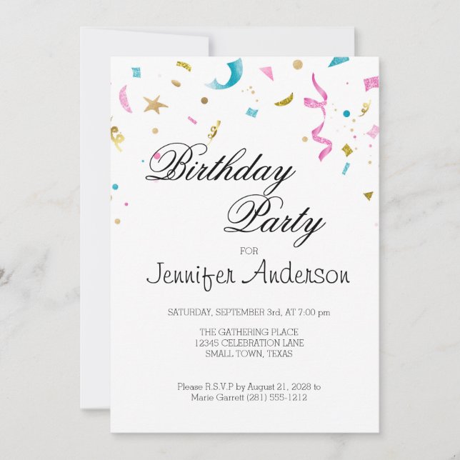 Invitation Confetti Parties scintillant rose et aq (Devant)