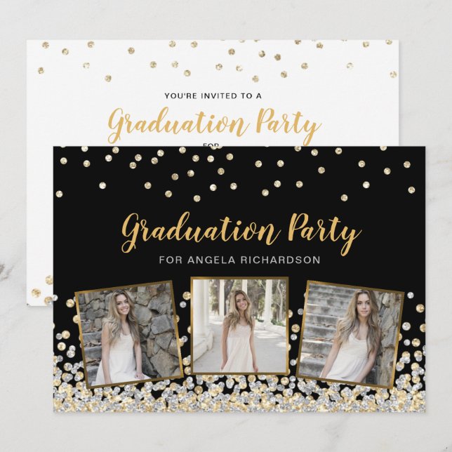 Invitation Confetti Photo Collage Gold Graduation Party (Devant / Derrière)