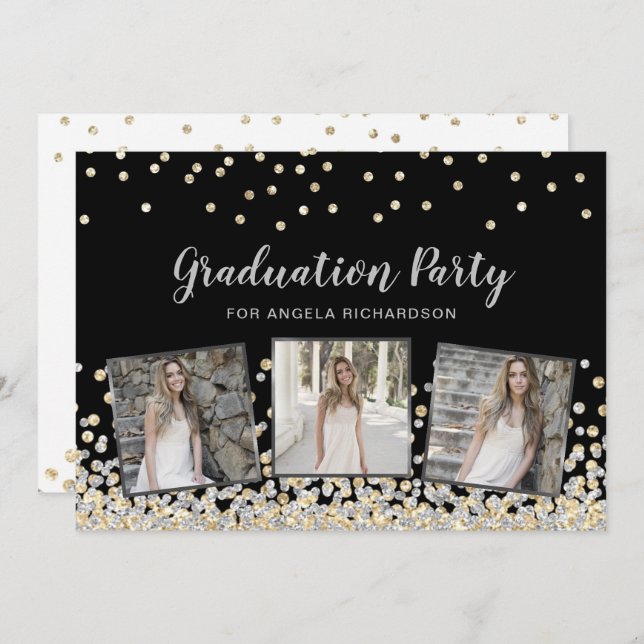 Invitation Confetti Photo Collage Silver Graduation Party (Devant / Derrière)