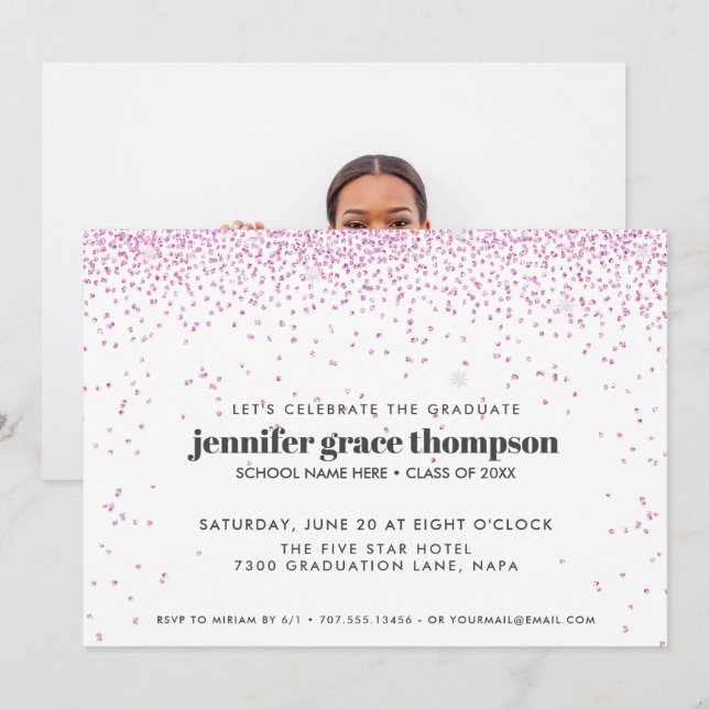 Invitation Confetti Pink and white Photo Graduation Party (Devant / Derrière)