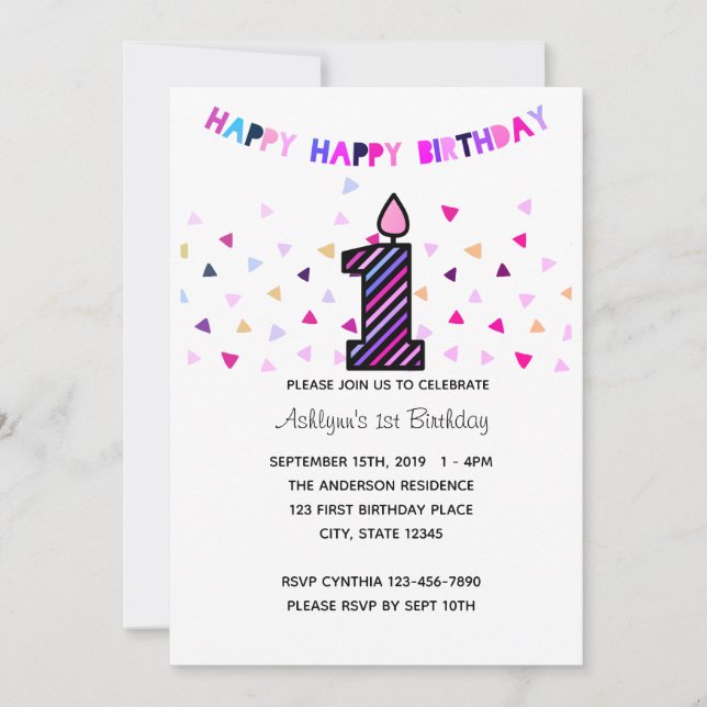 Invitation Confetti Pink Purple 1ère fille d'anniversaire (Devant)