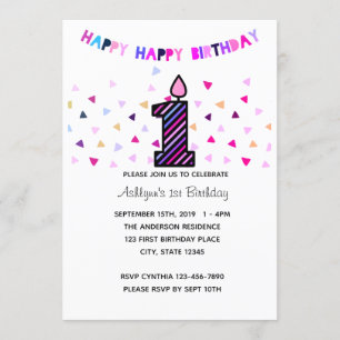 Invitation Confetti Pink Purple 1ère fille d'anniversaire