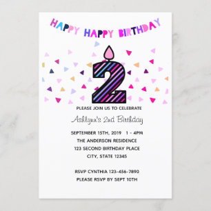 Invitation Confetti Pink Purple 2e fille d'anniversaire