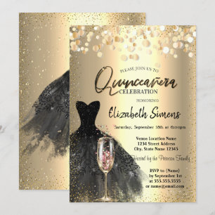 Invitation Confetti Points, Robe noire Verre à vin Quinceañer