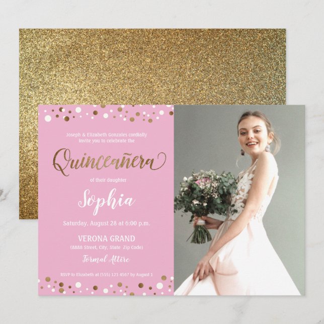 Invitation Confetti Quinceanera rose et or 15e anniversaire (Devant / Derrière)