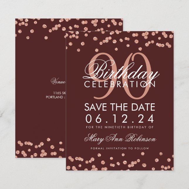Invitation Confetti Rose Gold Burgundy 90e anniversaire (Devant / Derrière)