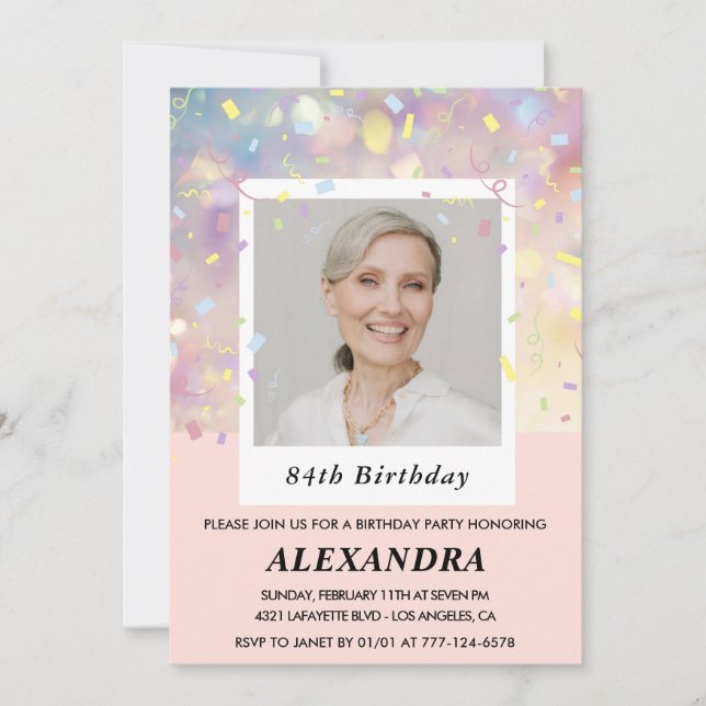 Invitation Confetti rose moderne Photo 84e anniversaire (Devant)