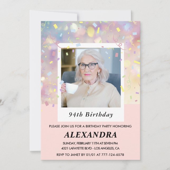 Invitation Confetti rose moderne Photo 94e anniversaire (Devant)