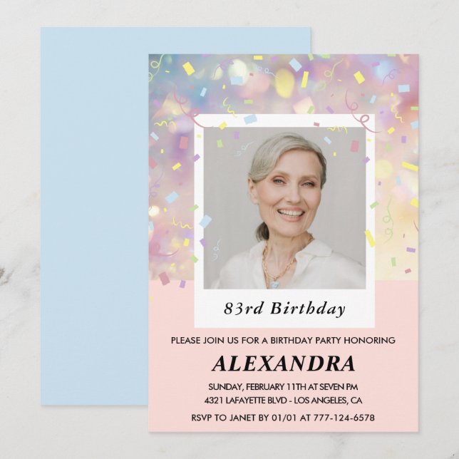 Invitation Confetti rose Photo 83e anniversaire (Devant / Derrière)