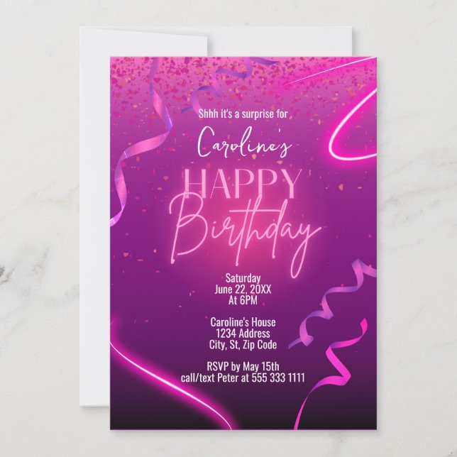 Invitation Confetti rose violet Neon Surprise fête d'annivers (Devant)