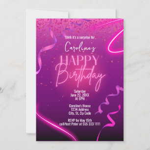 Invitation Confetti rose violet Neon Surprise fête d'annivers