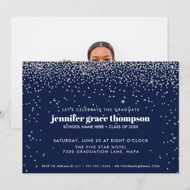 Invitation Confetti Silver and Blue Photo Graduation Party (Devant / Derrière)