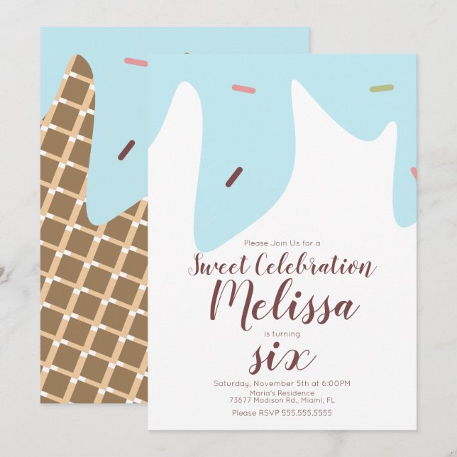 Invitation Confetti Sprinkles Driving Ice Cream Cone Bleu (Devant / Derrière)