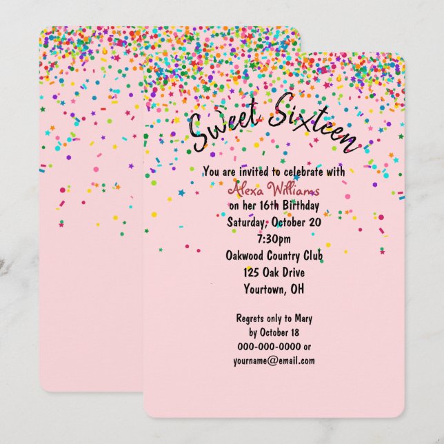 Invitation confetti Sweet 16 Anniversaire (Devant / Derrière)