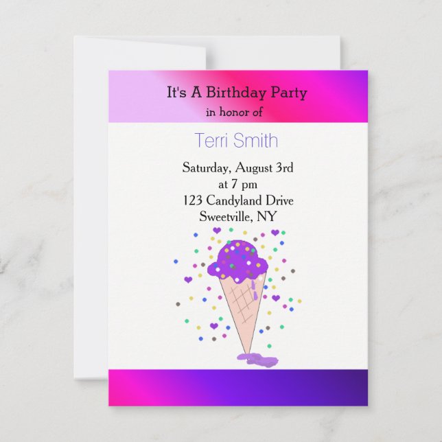 Invitation Confetti violet cône de glace (Devant)