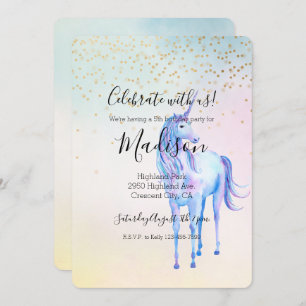 Invitation Confetti violet Unicorne Aqua rose jaune or
