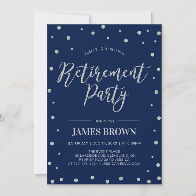 Invitation Confettis argentés et marine | Fête de retraite mo (Devant)