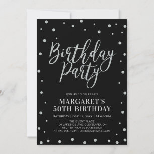 Invitation Confettis argentés et noir   Anniversaire adulte