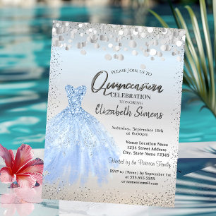 Invitation Confettis Argentés, Robe Bleue de Quinceañera