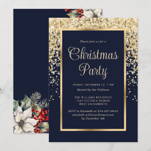 Invitation Confettis Botaniques Bleu Or pour Fête de Noël