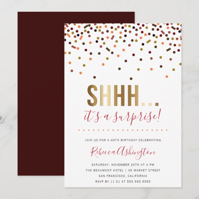 Invitation Confettis colorés| Gold Surprise Birthday Party (Devant / Derrière)
