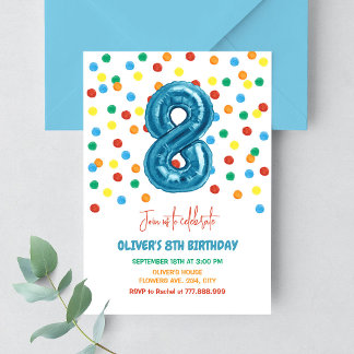 Invitation Confettis Colorés Huit Ballon 8ème Anniversaire Ga