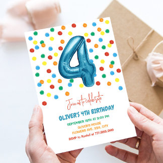 Invitation Confettis Colorés Quatre Ballon 4ème Anniversaire
