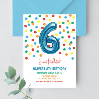 Invitation Confettis Colorés Six Ballon 6ème Anniversaire Gar