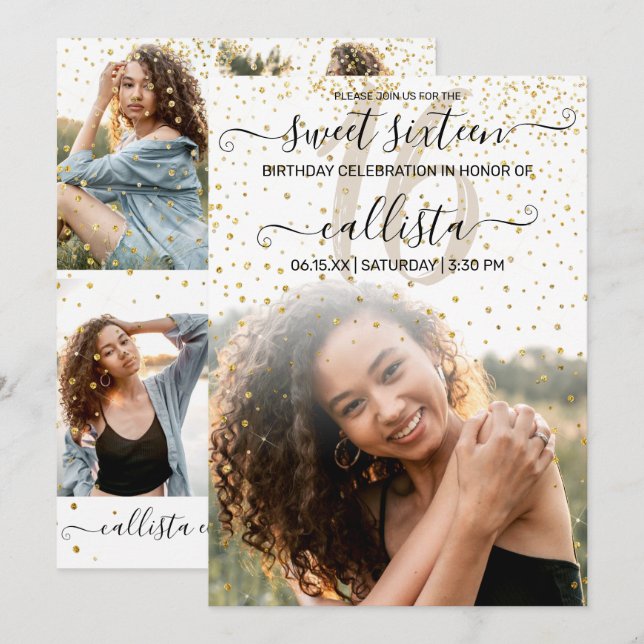 Invitation Confettis de Blanc Or Collage Photo Sweet 16 (Devant / Derrière)