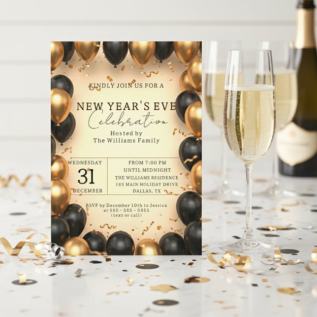 Invitation Confettis de Nouvel An opulent noir et or Ballon (Créateur téléchargé)