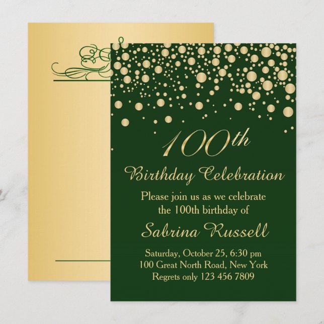 Invitation Confettis d'or, fête d'anniversaire 100 vert-foncé (Devant / Derrière)