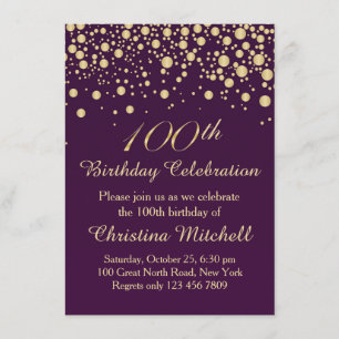 Invitation Confettis d'or sur fête d'anniversaire de pourpre